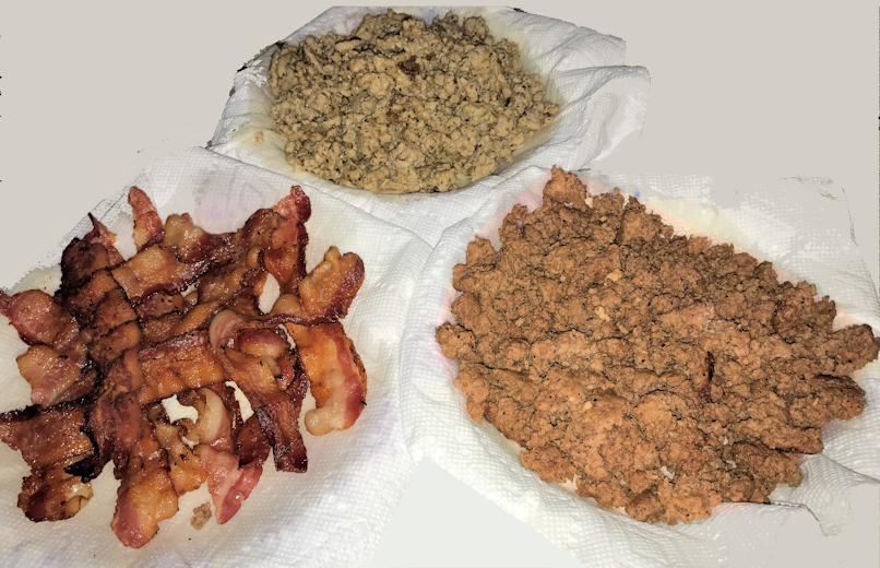 Bacon, Ground Beef and Ground Sausage
